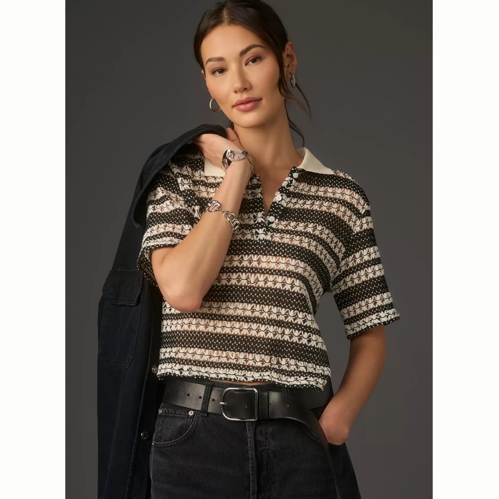 Anthropologie Blue Tassel Crochet Polo Top S